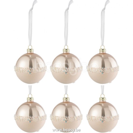 J Line Jline Jolipa 27717 Doos Van 6 Kerstballen Lijn Pailletten Glas Mat Blinkend Licht Roze Small