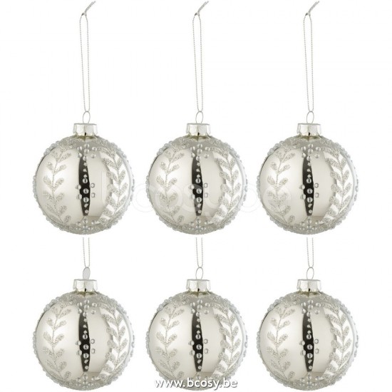 J Line Jline Jolipa 27733 Doos Van 6 Kerstballen Blaadjes Glitter Glas Blinkend Zilver Small