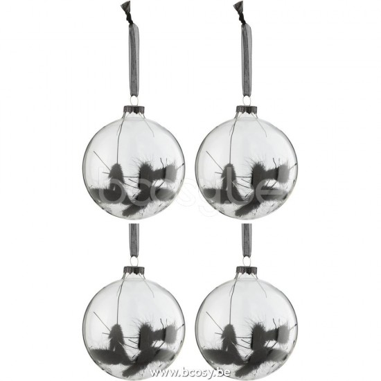 J Line Jline Jolipa 27755 Doos Van 4 Kerstballen Rond Gedroogde Hazenstaart Zwart Glas Transparant Medium