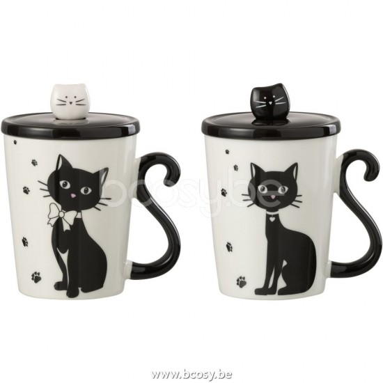 J Line Jline Mug Gatto Coperchio Cuchiaio Porcellana Bianco Nero Assortimento Di 2 Taza Impreso Gato Tapa Cuchara Porcelana Blanco Negro Surtido De 2