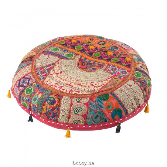 J Line Pouf Rotondo Piatto Motivi Nappe Cotone Rosa Puf Redondo Plano Estampados Borlas Algodón Rosa.