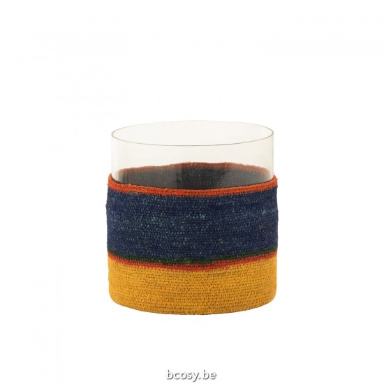 Jline Theelichthouder Rond Strepen Glass Zeegras Donker Blauw Geel.