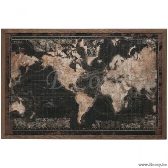 J Line Jline Quadro Led Batteria Mappa Del Mondo Legno Tela Nero Marrone Marco Led Pilas Mapamundi Madera Lona Negro Marrón
