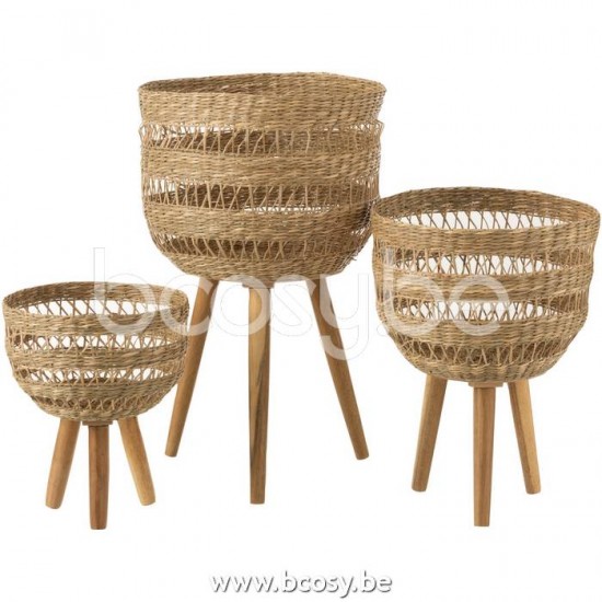 J Line Jline Set 3 Cesti Tripode Zostera Naturale Set De 3 Cestas En Tripode Hierba Marina Natural