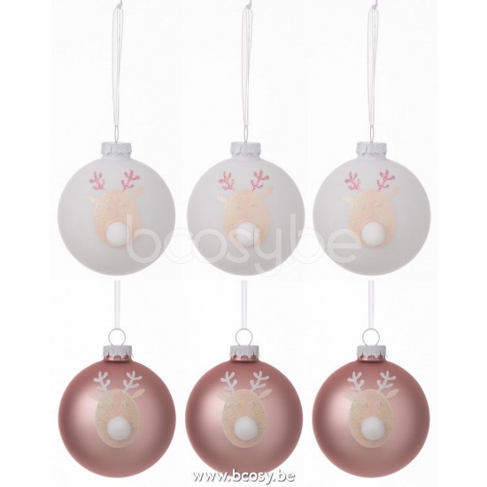 J Line Jline Box Of 6 Christmas Baubles 3 3 Reindeer Glass Light Pink White Small box of baubles