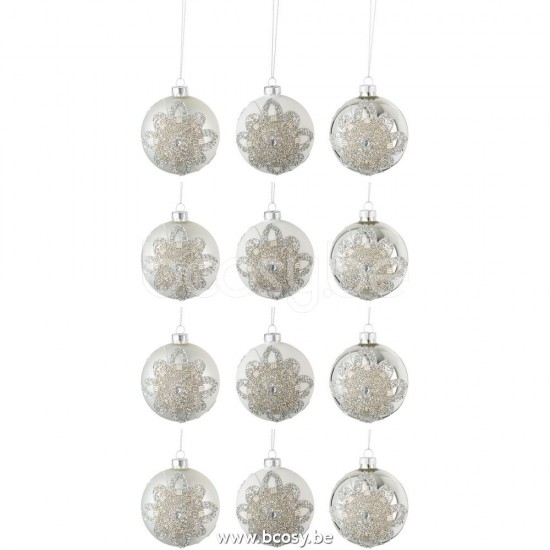 J Line Jline Box Of 12 Christmas Baubles 4 4 4 Ornament Pearls Glass Matte White Matte Silver Shining Silver Small box of baubles