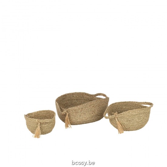 J Line Set 3 Cesti Rotondi Manico Nappa Vimini Naturale Set Of 3 Basket Round With Handle Tassel Grass Natural.