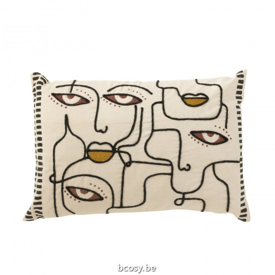 J Line Cuscino Visi Cotone Crema Marrone Nerro Cojin Caras Algodon Beige Marron Negro.