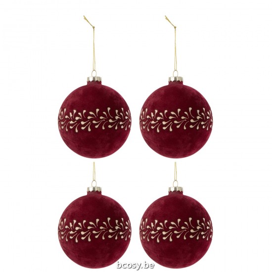 J Line Box Of 4 Christmas Bauble Motive Velvet Bordeaux Gold box of baubles.