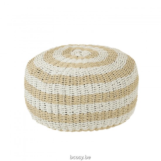 J Line Pouf Rotondo Righe Intrecciato Plastica Bianco Naturale Puf Redondo Rayas Tejido Plástico Blanco Natural.