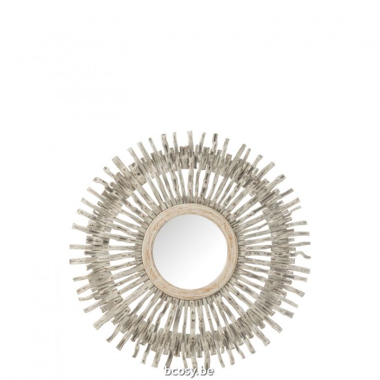 J Line Specchio Rotondo Sole Legno Whitewash Espejo Redondo Sol Blanco.
