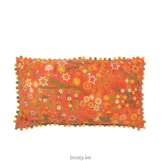 Jline Cojin Rectangular Flores Pompones Terciopelo Naranja.
