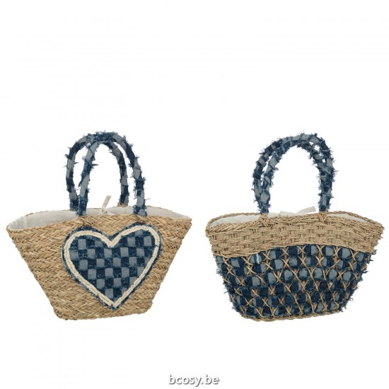 J Line Borsa Da Mare Cuore Motivo Denim Giunco Di Mare Naturale Blu Assortimento Di 2 Bolsa De Playa Corazón Diseño Denim Alg.