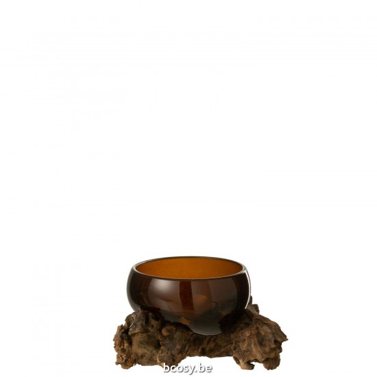 J Line Vase On Foot Gamal Wood Recycled Glass Natural Brown Small.