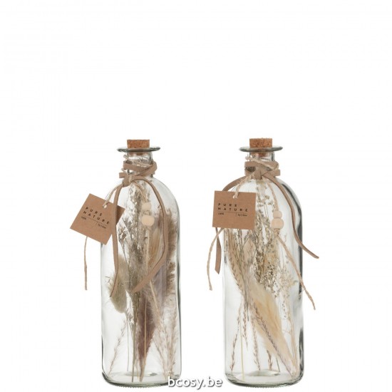 J Line Bottiglie Fiori Secchi Vetro Naturale Large Assortimento Di 2 Bottles With Dried Flowers Glass Natural Large Assortmen.