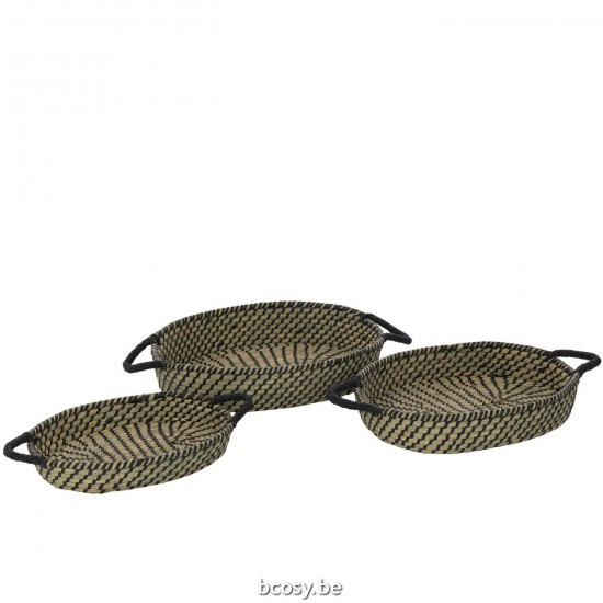 J Line Set 3 Cesti Ovali Manico Paglia Naturale Nero Set Of 3 Basket Oval Handles Straw Natural Black.