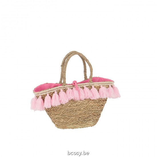 J Line Borsa Mare Nappe Iuta Tessuto Naturale Rosa Beach Bag Tassels Jute Textile Natural Pink.