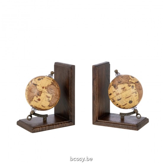 J Line Fermalibri Mappamondo Legno Arancione Marrone Sujetalibros Globo Madera Naranja Marrón.