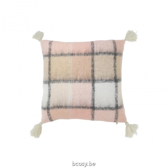 J Line Cuscino Quadretti Poliestere Beige Rosa Cojín Cuadros Poliéster Beige Rosa.