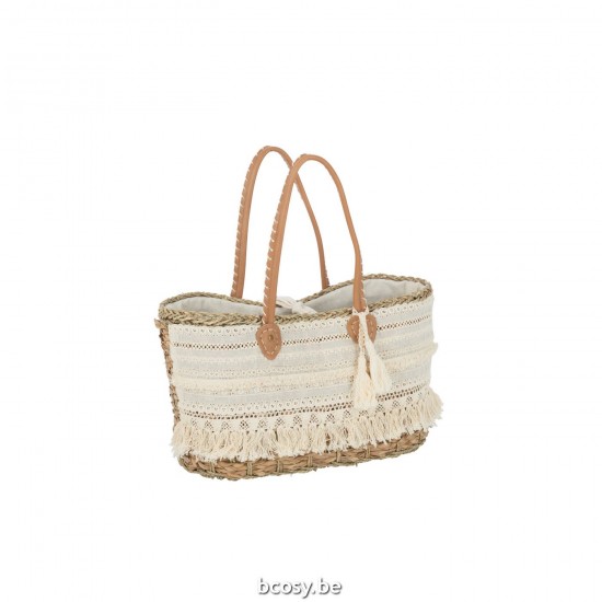 J Line Borsa Mare Merletto Nappa Iuta Naturale Bianco Small Beach Bag Lace Tassel Jute Natural White Small.