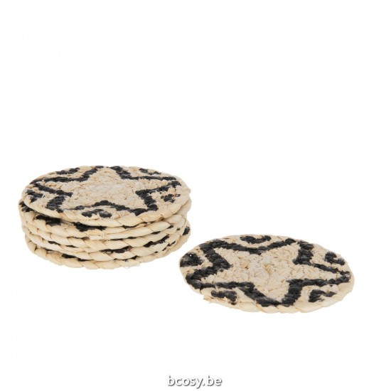 Jline Set Of 6 Coasters Round Star Cornhusk Natural Black.