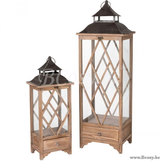 Jline Set De 2 Farol Rombo Madera De Abeto Metal Marron Claro Negro