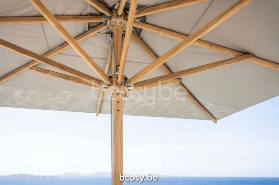 Jardinico MOOREA 300x300 Parasol Ombrelle Droit À Mât Central Carré 3x3 Mât Bois De Teck Rayé| Toile-tissu Latte Classic-Acryl solids.