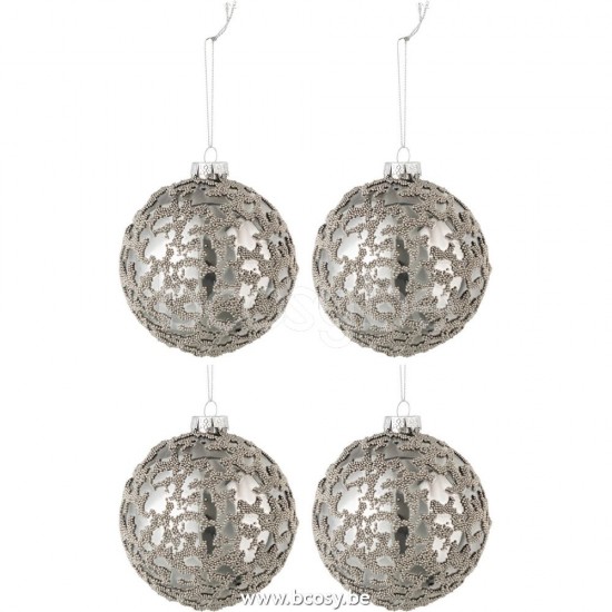 J Line Jline Scatola 4 Palline Di Natale Perle Vetro Grigio Lucido Small Caja De 4 Bolas De Navidad Mini Perlas Cristal Brillante Gris Small