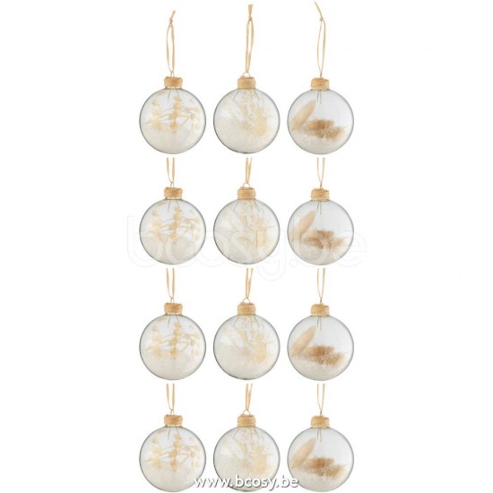 J Line Jline Scatola 12 Palline Di Natale 4 4 4 Ramoscelli Beige Vetro Trasparente Caja De 12 Bolas De Navidad 4 4 4 Ramitas Secadas Beige Cristal Transparente