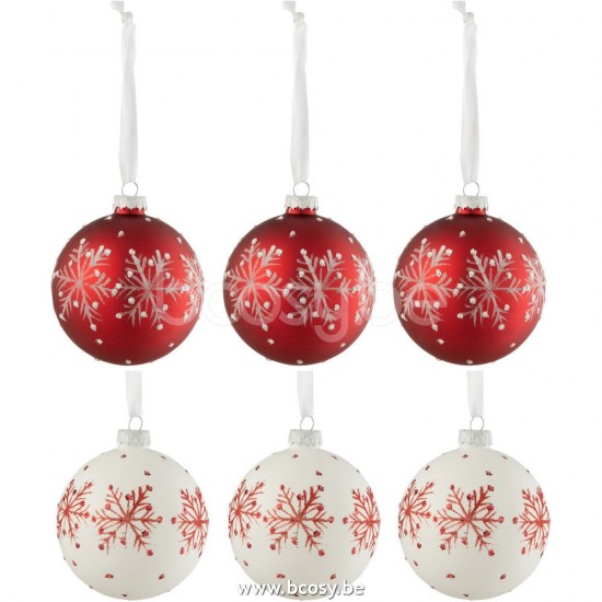 J Line Jline Scatola 6 Palline Di Natale Fiocchi Di Neve Paillette Vetro Bianco Rosso Small Caja De 6 Bolas De Navidad Copos De Nieve Brillante Blanco Rojo Small