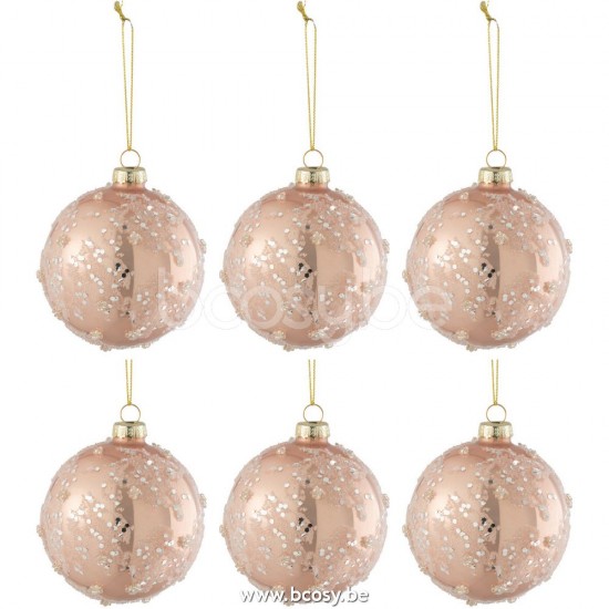 J Line Jline Scatola 6 Palline Di Natale Zuccherato Argento Paillette Vetro Opaco Lucido Rosa Chiaro Small Caja De 6 Bolas De Navidad Azucar Plata Brillante Cristal Opaco Brillante Rosa Claro Small
