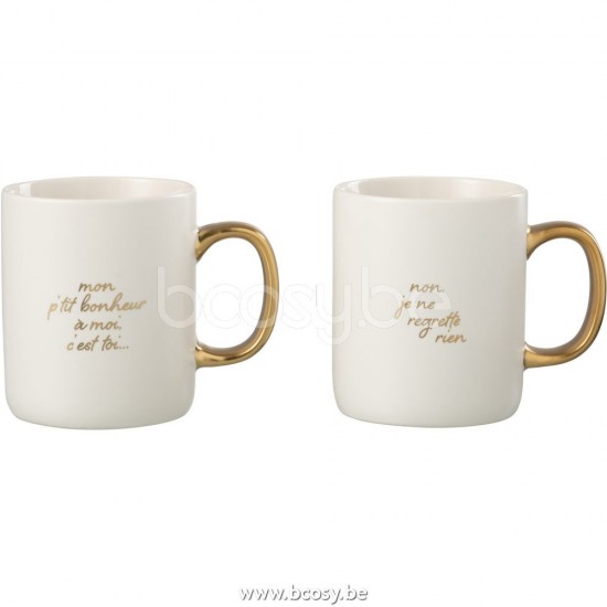 J Line Jline Mug Bonheur Porcellana Bianco Oro Assortimento Di 2 Taza Mensaje Bonheur Porcelana Blanco Oro Surtido De 2