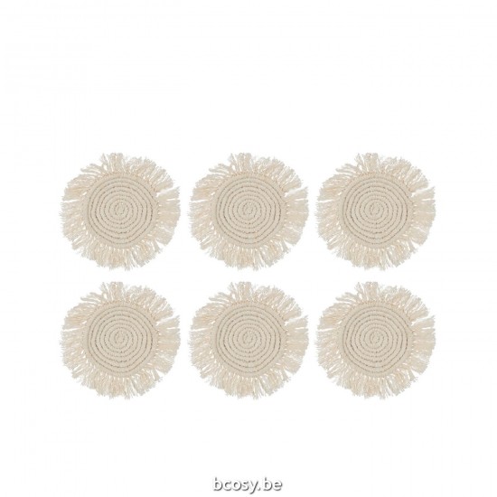 J Line Set 6 Sottobicchieri Frange Cotone Beige Set 6 Posavasos Flequillos Algodon Beis.
