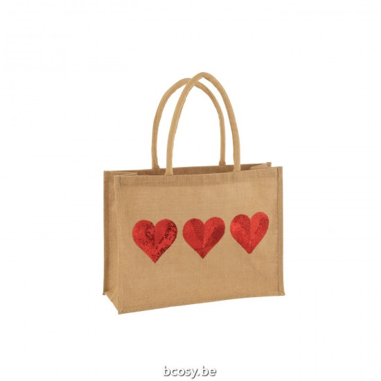J Line Borsa 3 Cuori Paillette Iuta Naturale Rosso Bolsa 3 Corazones Lentejuelas Yute Natural Rojo.