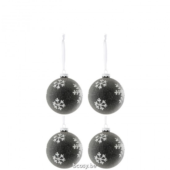 J Line Scatola 4 Pallini Di Natale Perle Fiocco Di Neve Vetro Grigio Scuro Bianco Small Caja De 4 Bola De Navidad Perlas Niev.