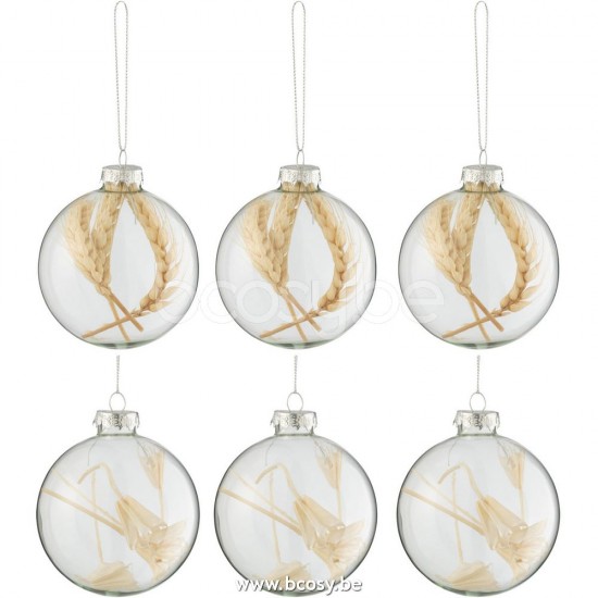 Jline Caja De 6 Bolas De Navidad 3 3 Ramitas Secadas Beige Cristal Transparente Small