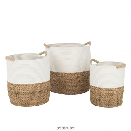 Jline Set Of 3 Basket Round Handles Textile White Natural.