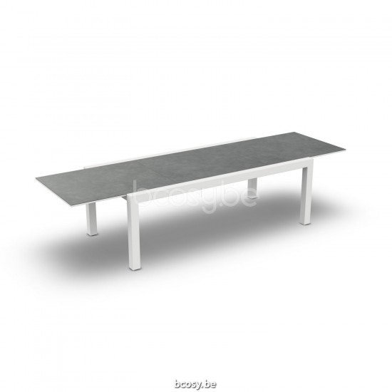 Jati Kebon Livorno Table de jardin extensible Aluminium blanc mat Dessus de table Céramique Gris cendré.