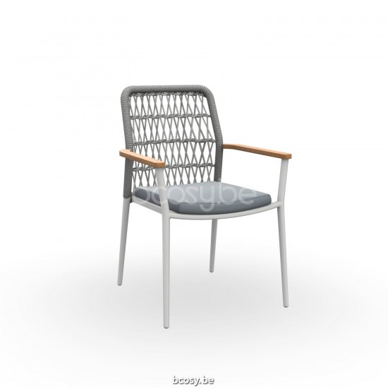 Jati Kebon Loya Fauteuil empilable Sans coussins Aluminium blanc mat Corde Gris clair mélangé.