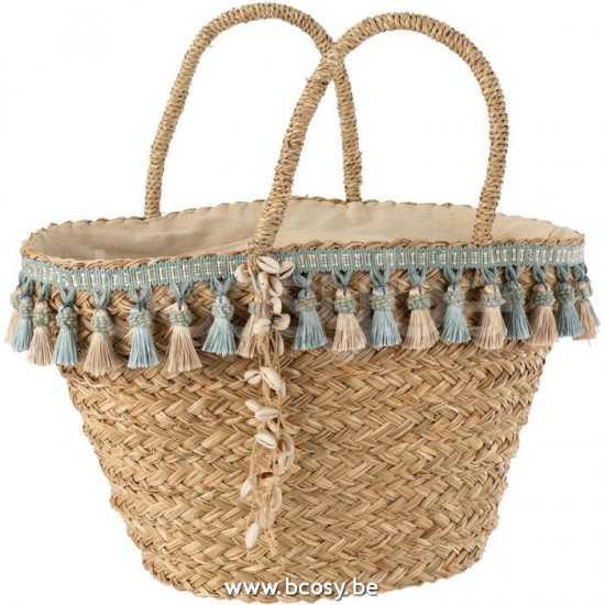 J Line Jline Strandtas Kwastjes Blauw Beige Riet Naturel