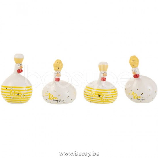 poules coqs poulets statuettes Jolipa J Line Jline Poule Bee Happy Honing Ceramique Blanc Jaune Small Assortimant De 4