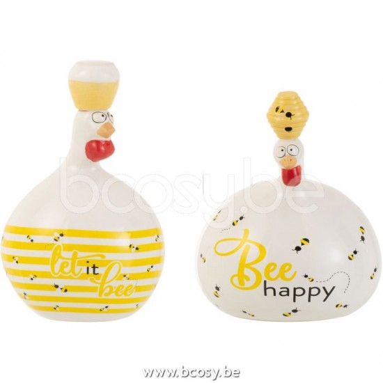 poules coqs poulets statuettes Jolipa J Line Jline Poule Bee Happy Honing Ceramique Blanc Jaune Large Assortiment De 2