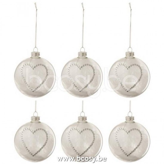 boules de noel Jolipa J Line Jline Boite De 6 Boules De Noel Coeur Strass Argent Blanc Verre Transparent Small