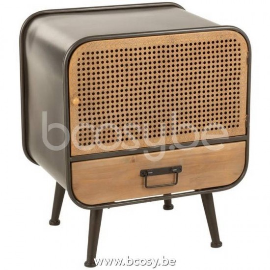 J Line 19484 Bijzettafel 1 Lade Metaal Hout Zwart Naturel L50xB39xH59 cm nachtkasten nachtkastjes bedtafels nachttafels
