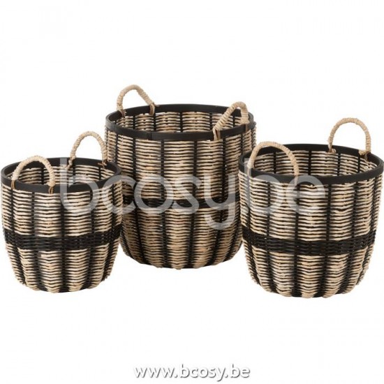 J Line Jline Set Of 3 Baskets Rope Rattan Black Natural baskets
