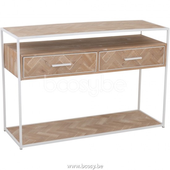 J Line 25011 Console Zigzag 2 Lades Hout Metaal Naturel Wit L120xB40xH80 cm consoles wandtafels