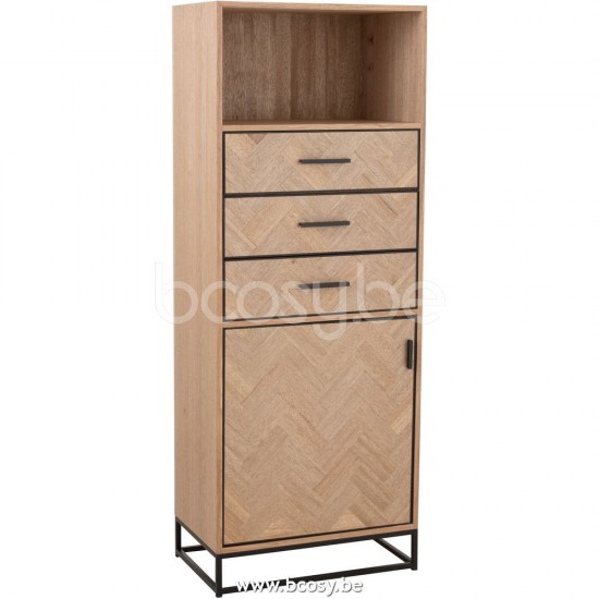 J Line 25023 Kast Hoog 3 Lades Zigzag Hout Metaal Naturel Zwart L60xB38xH158 cm kasten