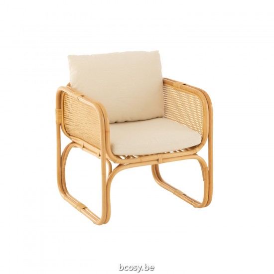 J Line Armstoel Kussen Rotan Textiel Naturel Wit relax JO43772.