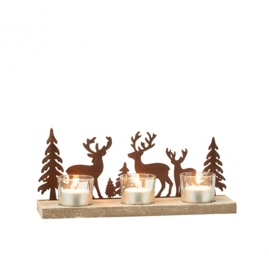 J Line Tealight Holder 3 Pieces Reindeers Trees Metal Wood Brown tea lights holders.