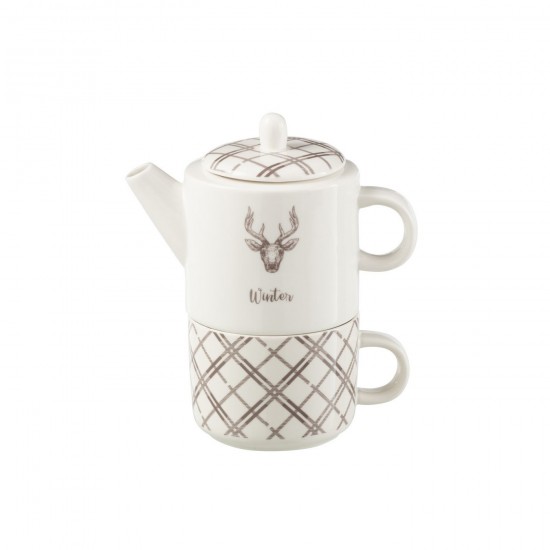 J Line Tea Pot Cup Reindeer Windownbox Ceranmics White Brown teapots.